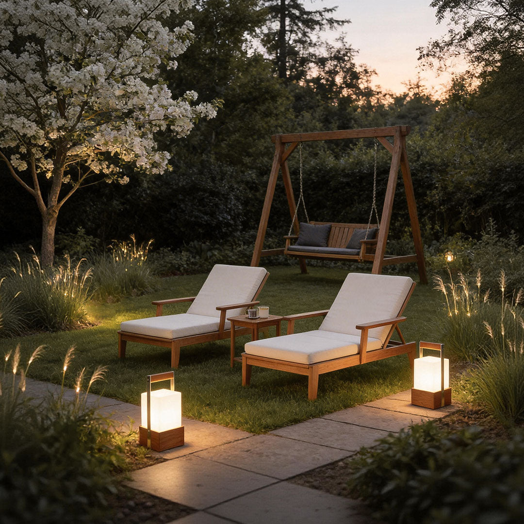 Outdoor lights lanterns with a modern design, enhancing a garden seating area with lounge chairs.