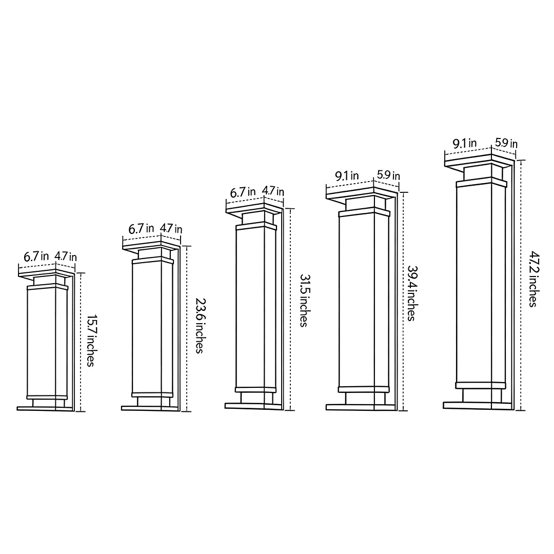 Dimension diagram of outdoor lights wall mount showing multiple size options with varying fixture heights.