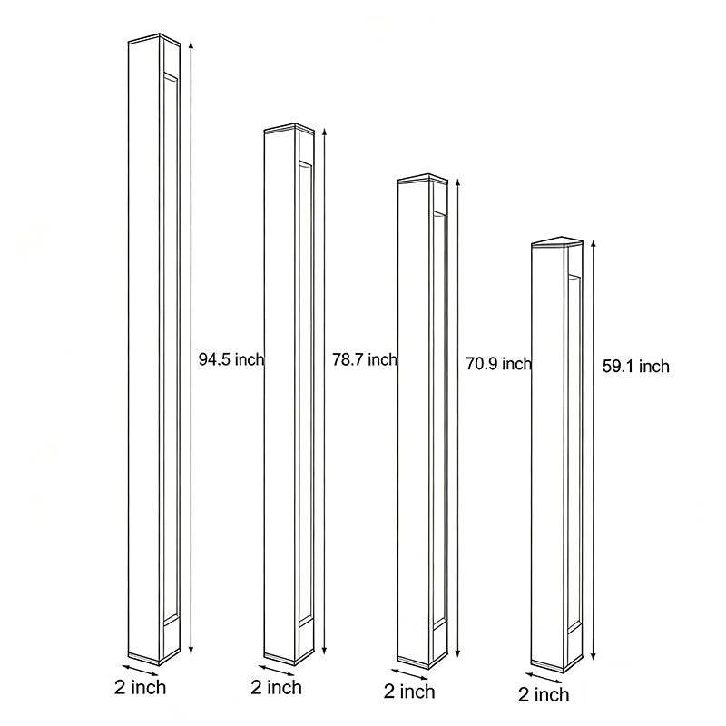 Outdoor linear wall light dimension drawing comparing multiple size options for exterior use.