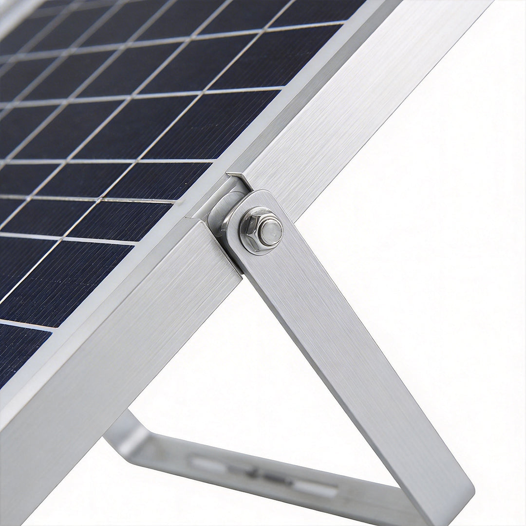 Outdoor linear wall light solar panel close-up showing adjustable mounting bracket detail.