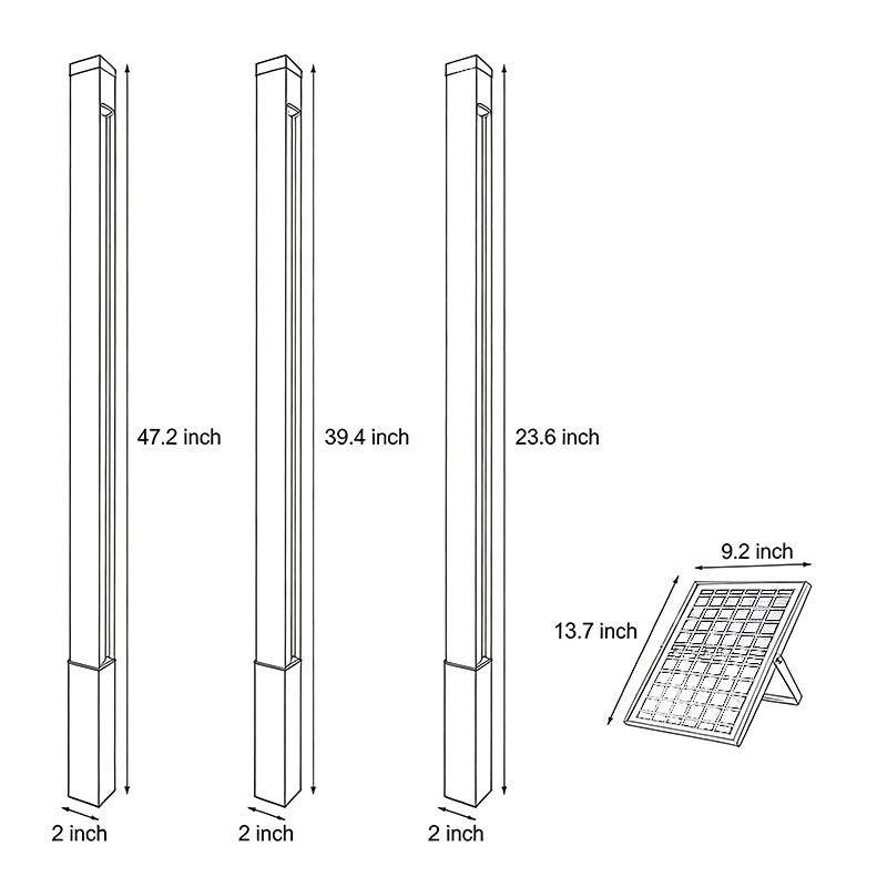 Outdoor linear wall light technical line drawing showing proportions and solar panel dimensions.
