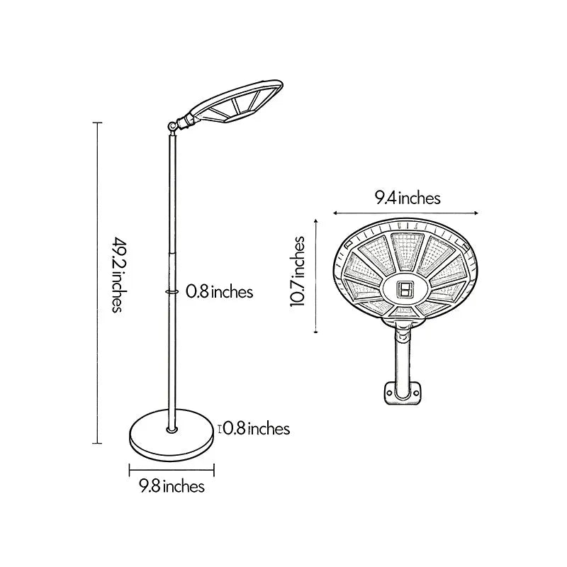Outdoor modern floor lamps dimension drawing showing the fixture height, base width, and lamp head size.