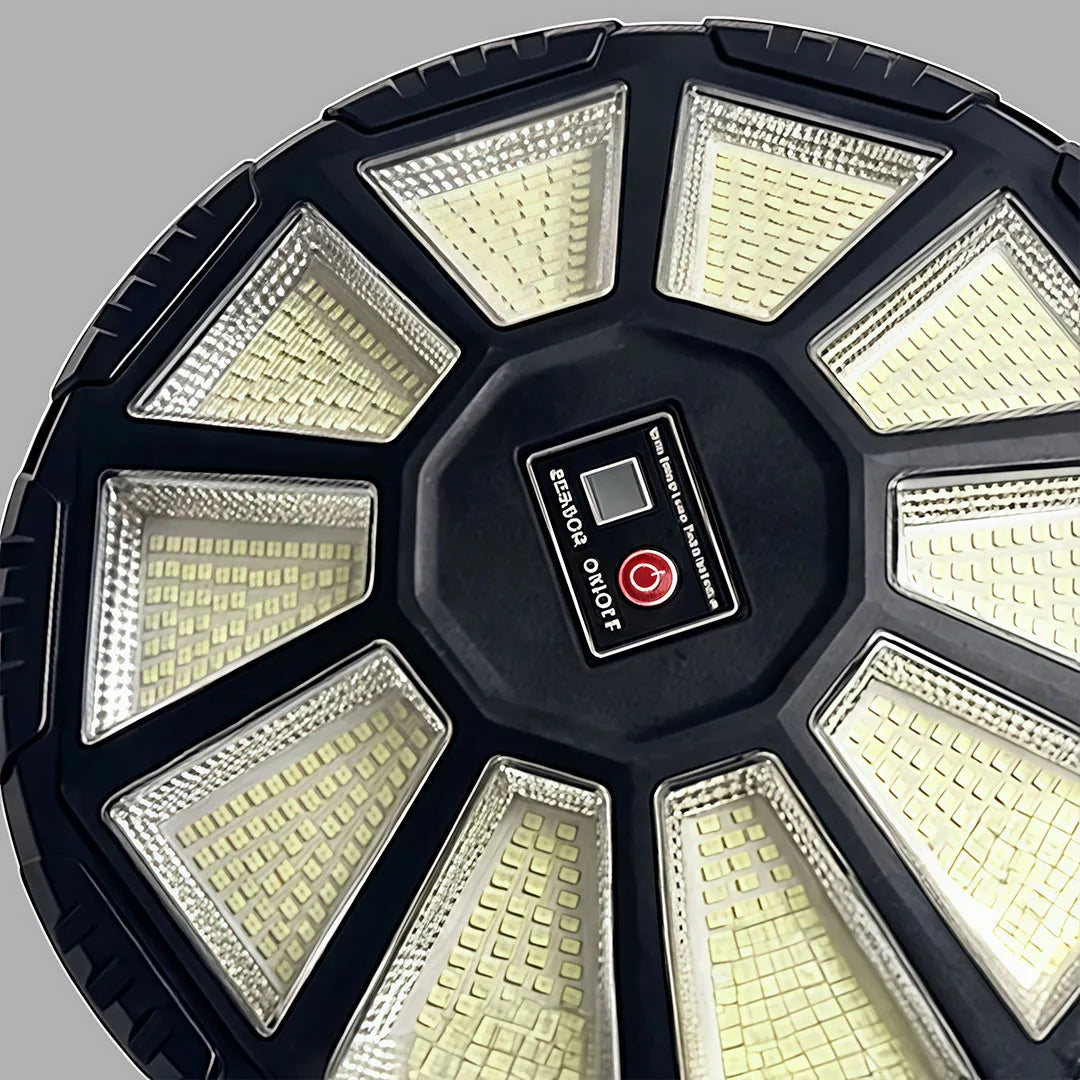 Outdoor modern floor lamps close-up showing the circular segmented LED panel and control button.