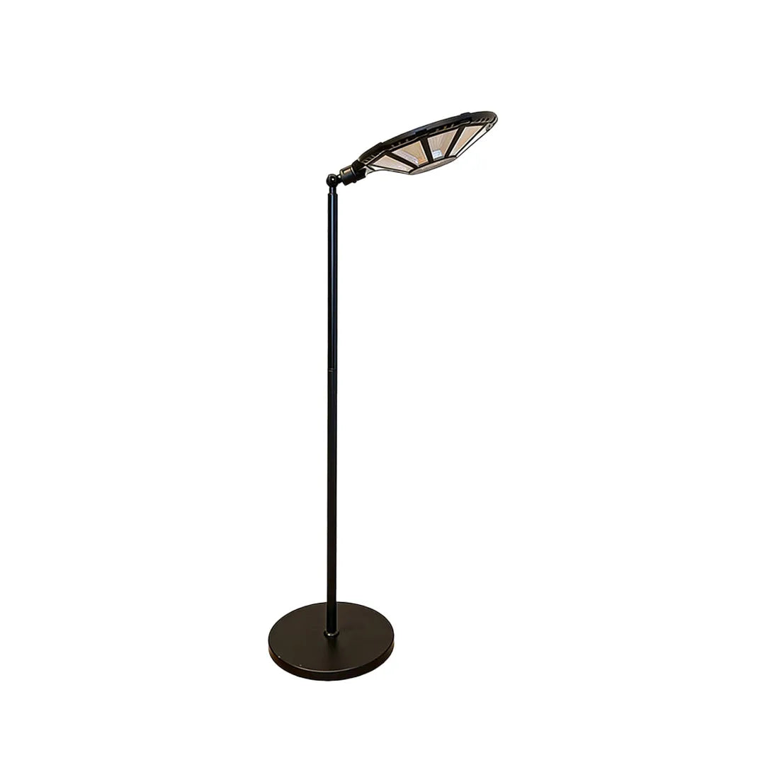 Outdoor modern floor lamps with a slim black stand, round base, and adjustable LED head.
