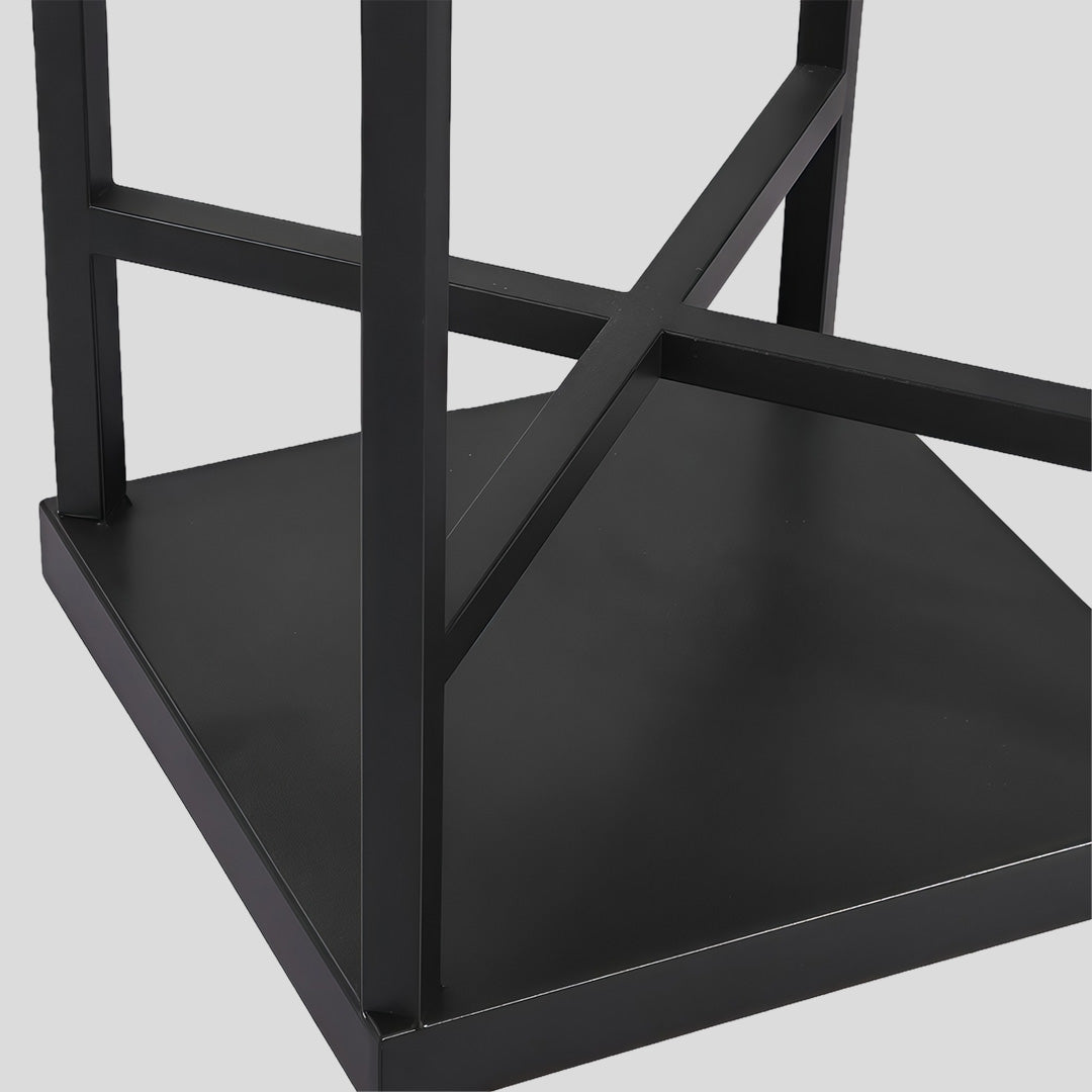 Outdoor modern handle lantern with frosted glass shade on wooden deck beside cushioned chair.