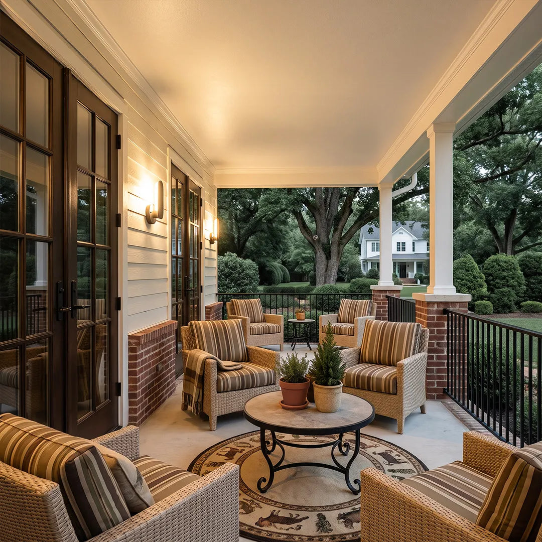Outdoor modern wall lighting arranged along a traditional covered porch with wicker seating and warm ambient light.
