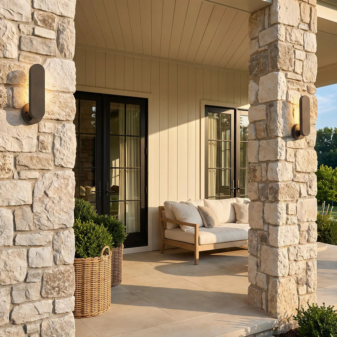 Outdoor modern wall lighting installed on stone porch columns beside a cozy covered seating area.