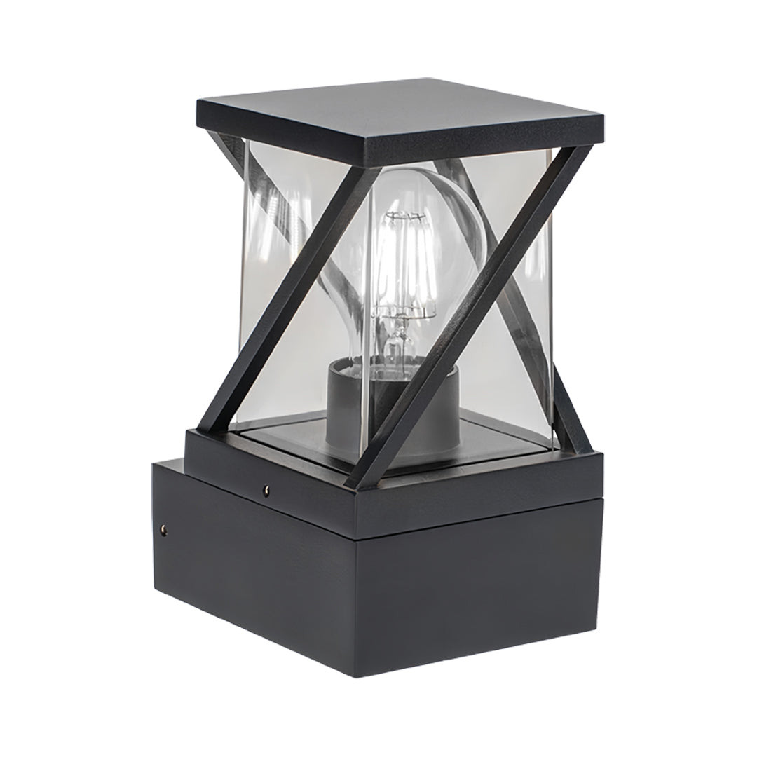 Square-base outdoor modern wall sconce with metal cross-frame structure and visible warm filament bulb.
