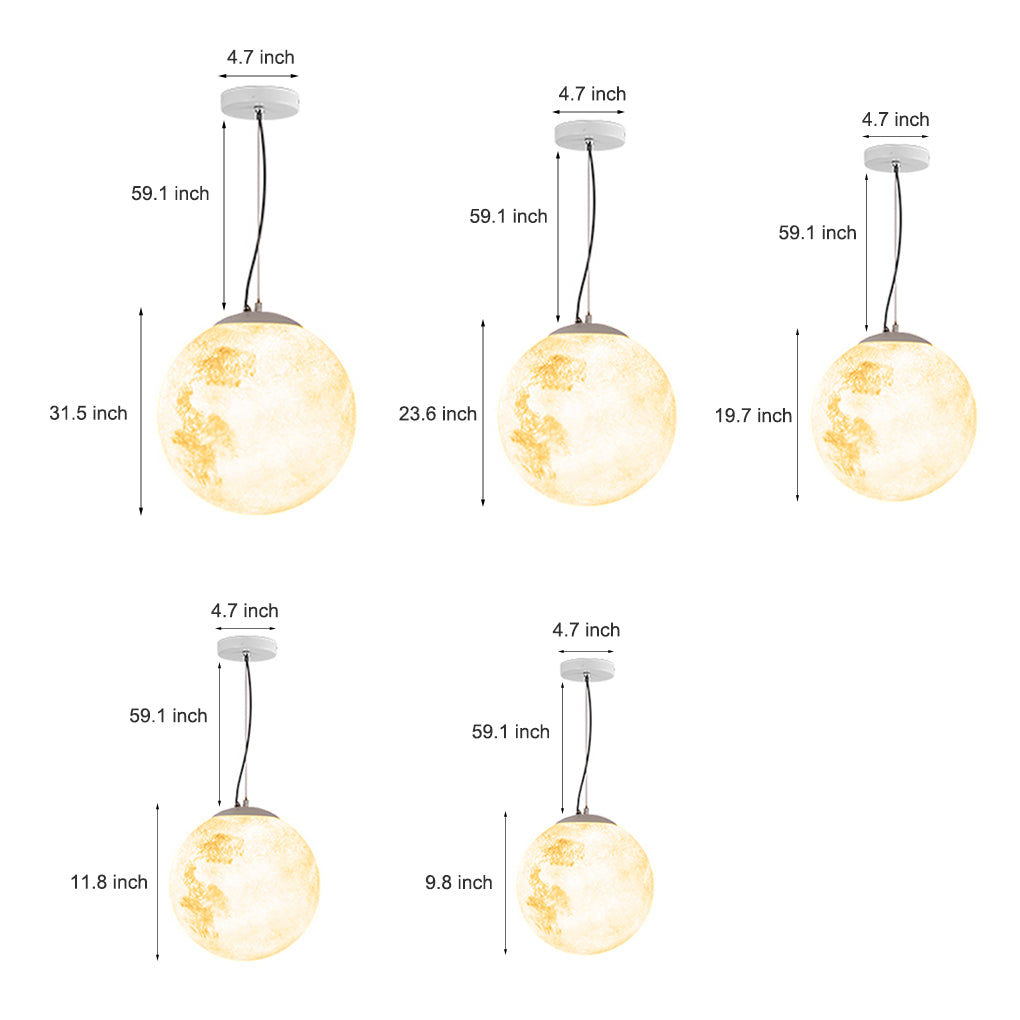 Realistic outdoor moon lamp with detailed lunar surface texture, hanging by adjustable black cord, four size options displayed.