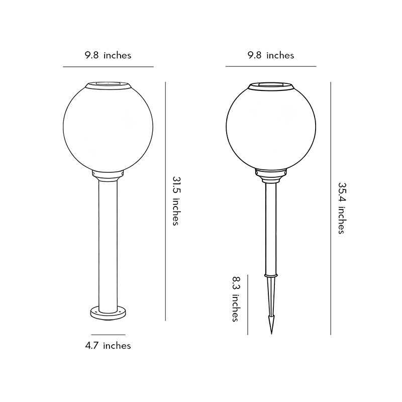 Technical diagram showing dimensions and structure of outdoor path light globe models.