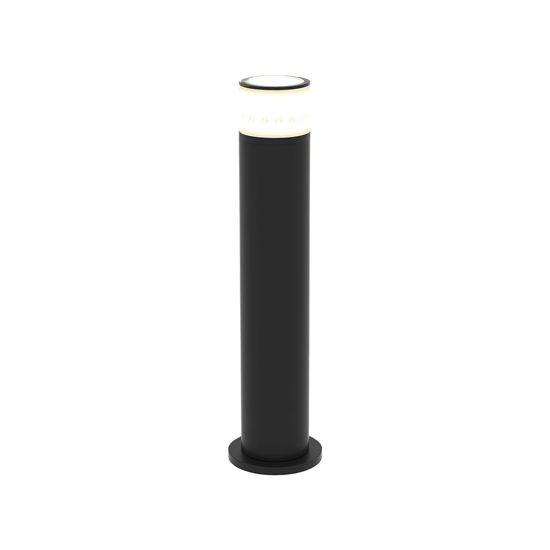 Outdoor path light featuring a minimalist black cylindrical design and a soft light glow.