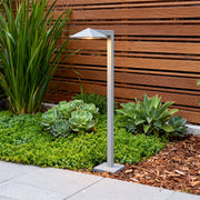 Outdoor pathway light in a garden with lush plants, adding a contemporary touch to the outdoor space.