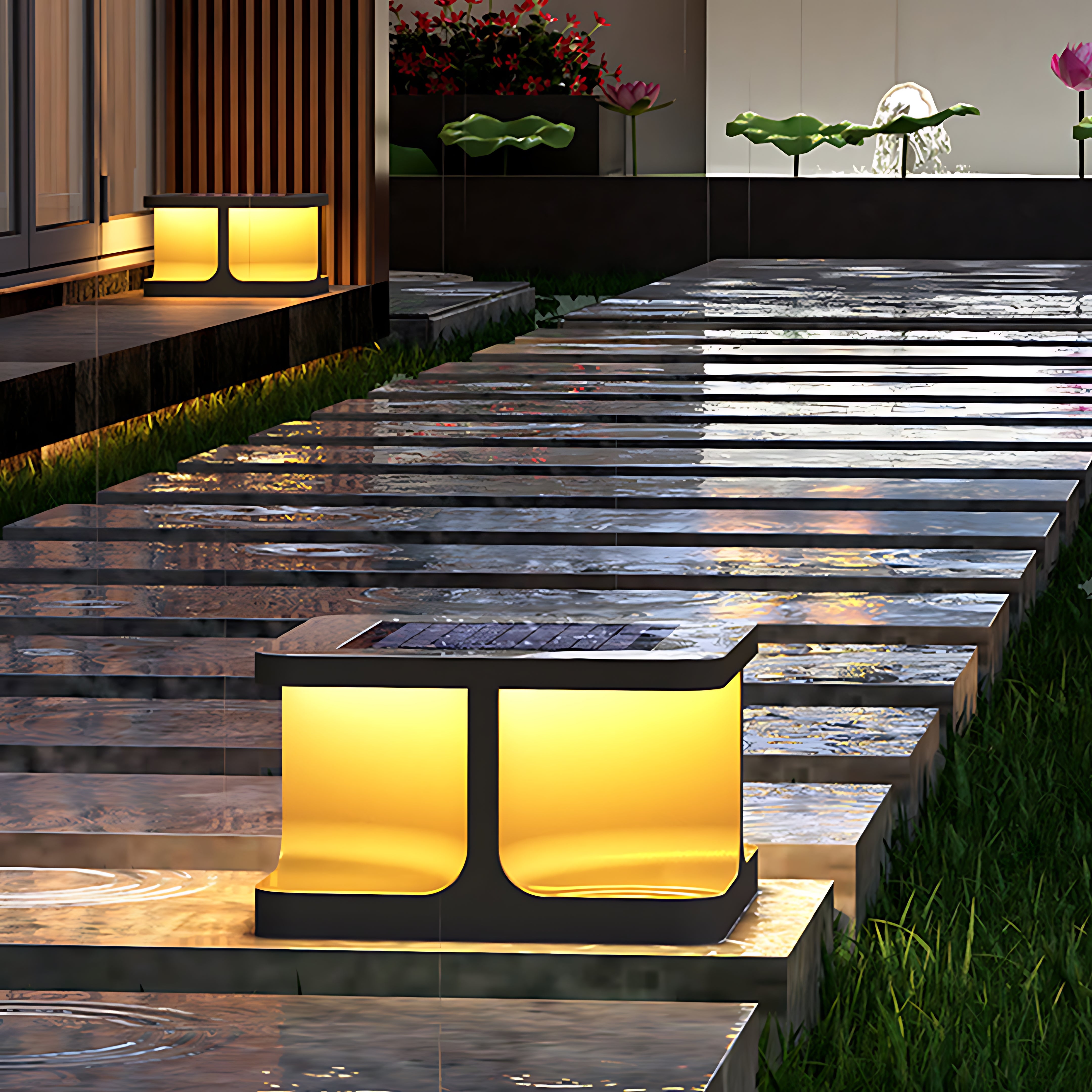 Outdoor pathway featuring square pillar rechargeable table lamps with integrated landscape lighting design