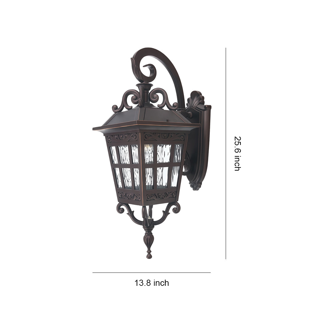 Outdoor patio wall light dimensions and installation guide, classic vintage design illustration