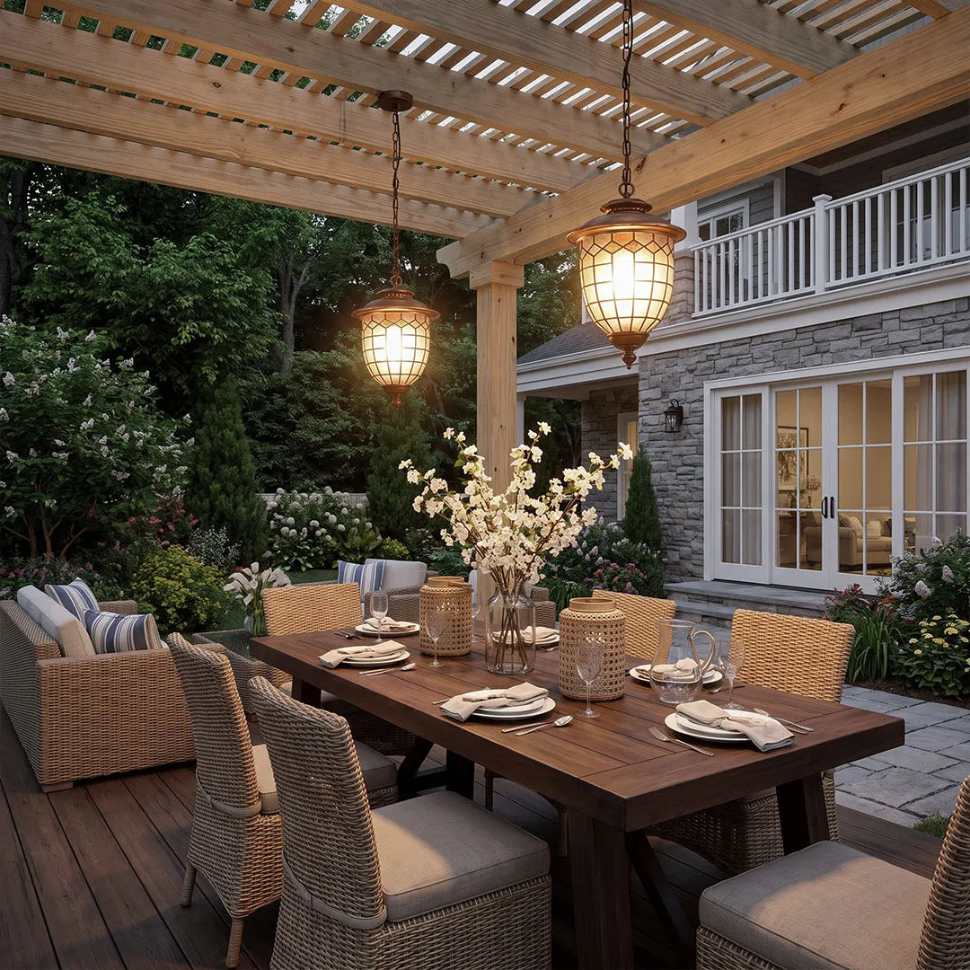 Outdoor pendant lighting fixtures illuminating a pergola-covered dining patio with wicker seating at dusk.