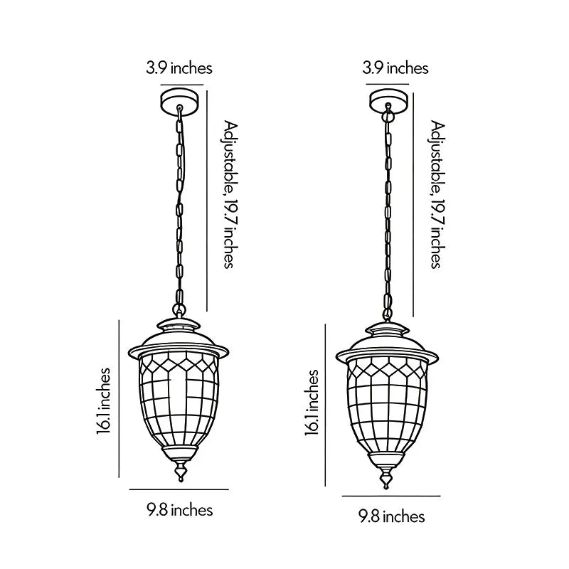 Outdoor pendant lighting fixtures dimension diagram showing black and bronze finish options with overall measurements.