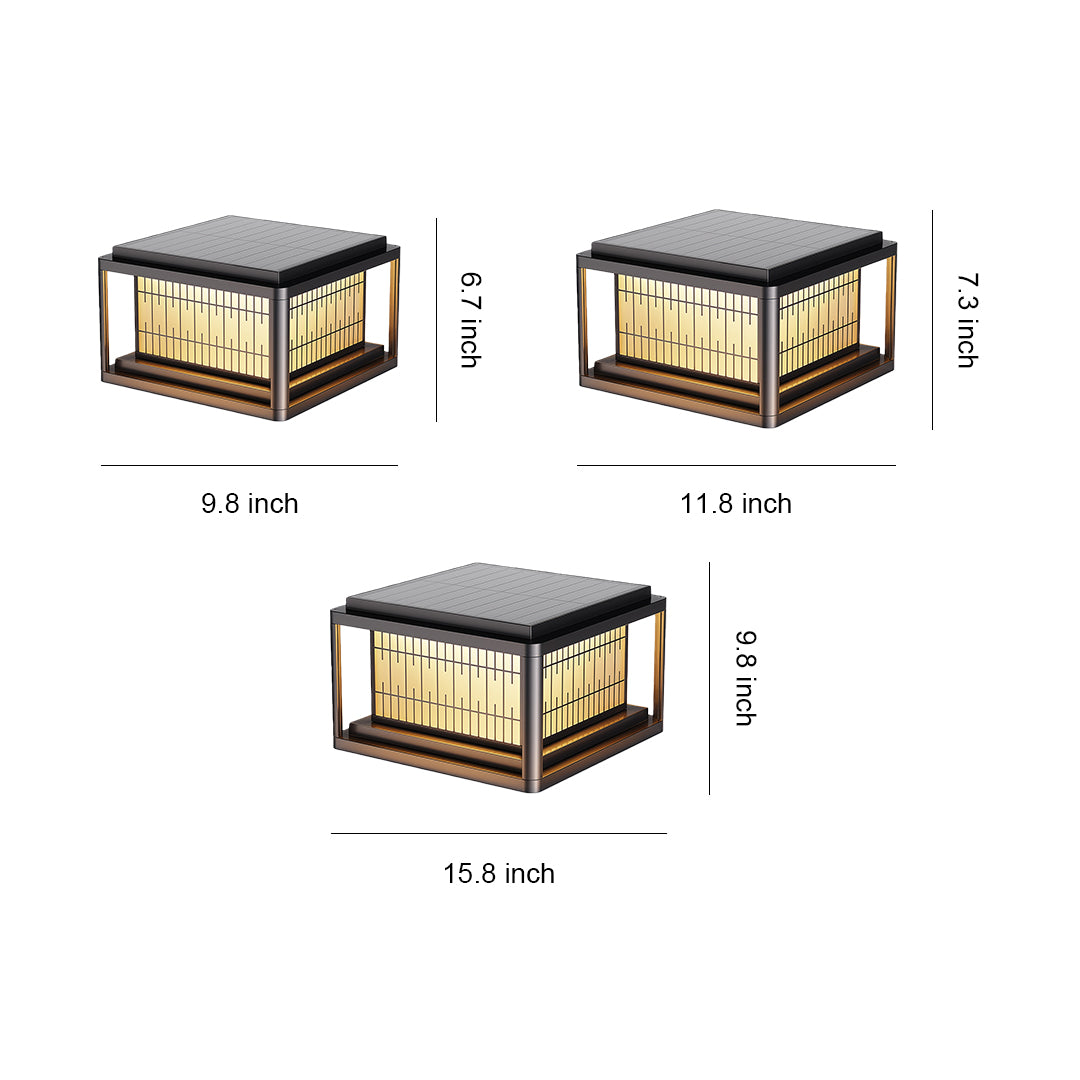 Outdoor pillar LED lights showing three size options with dimension measurements on white background.