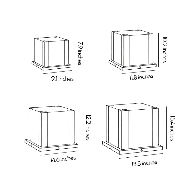 Outdoor pillar light size guide showing four available height and width options