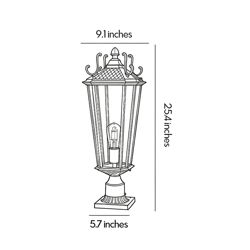 Outdoor pillar light fixtures dimension drawing showing the overall height, width, and base proportions of the post light.