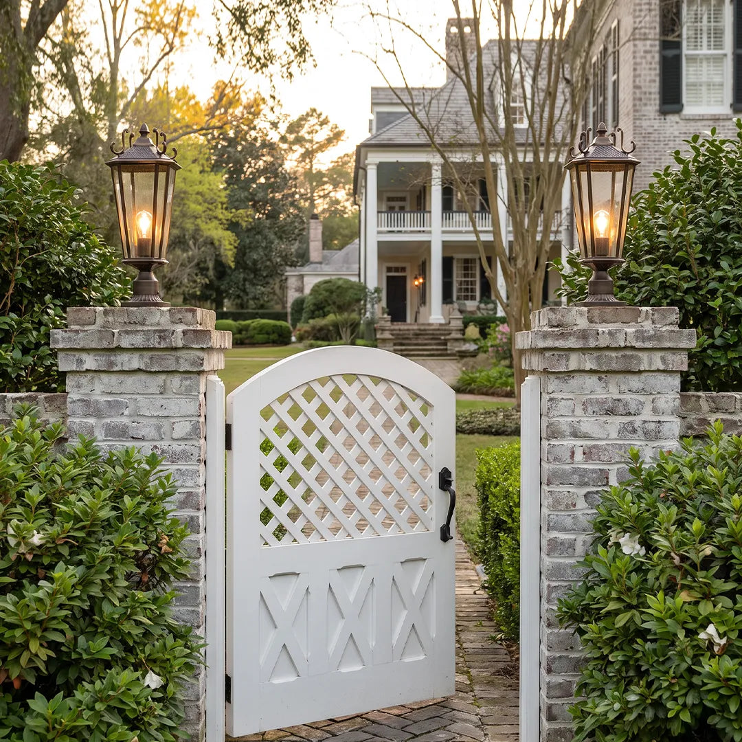 Outdoor pillar light fixtures placed on matching brick gate posts framing a decorative garden gate at sunset.