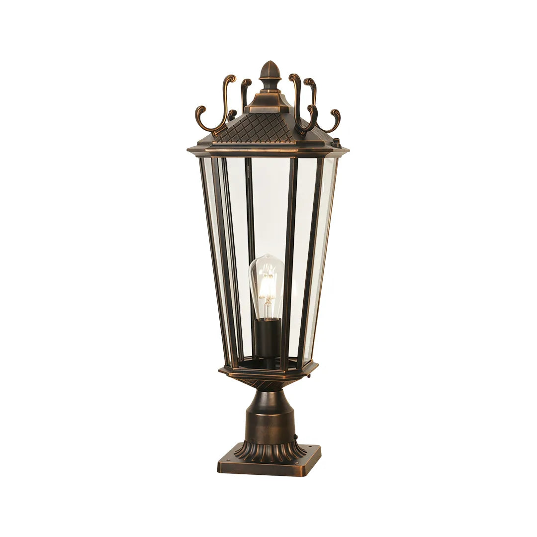 Outdoor pillar light fixtures product image showing a bronze lantern-style post light with clear glass panels.