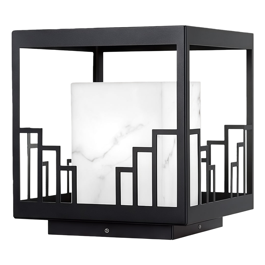 Outdoor pillar light with decorative skyline cage features durable waterproof construction ideal for stylish exterior column lighting.