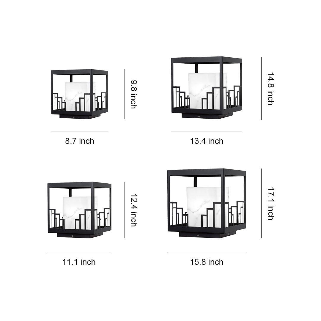 Outdoor pillar light with glass shade chandelier inspired design showing multiple sizes in black frame with geometric cityscape pattern.