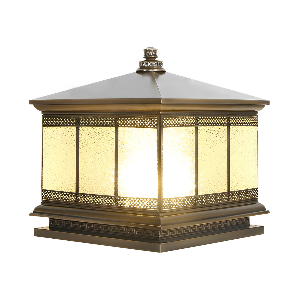Textured glass panels on a classic outdoor pillar light designed for all-weather use.