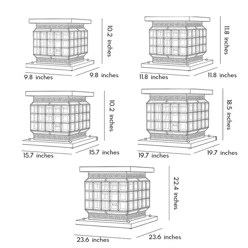 Dimension chart for outdoor pillar lights solar showing multiple size options and measurements.
