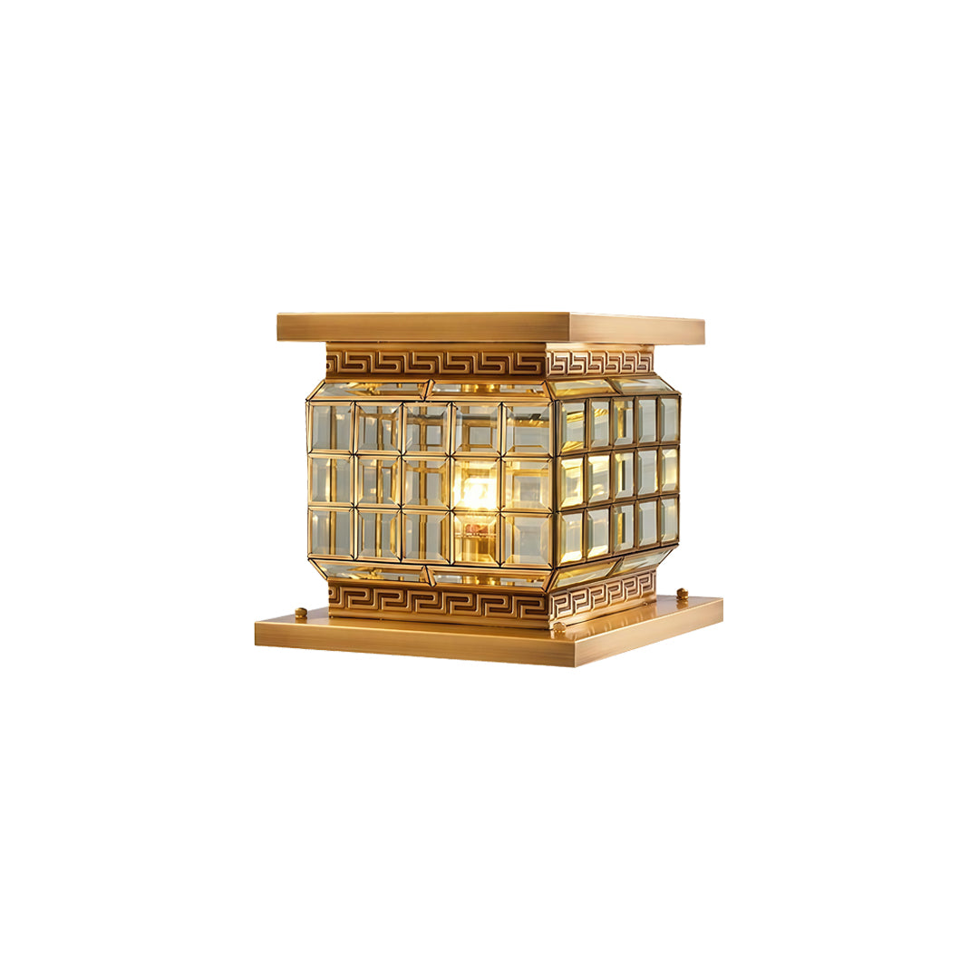Luxury outdoor pillar lights solar with geometric glass enclosure and premium metallic finish.