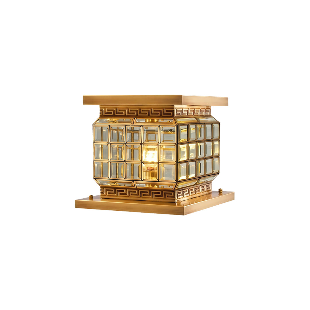 Elegant outdoor pillar lights solar with illuminated glass frame isolated on clean white background.
