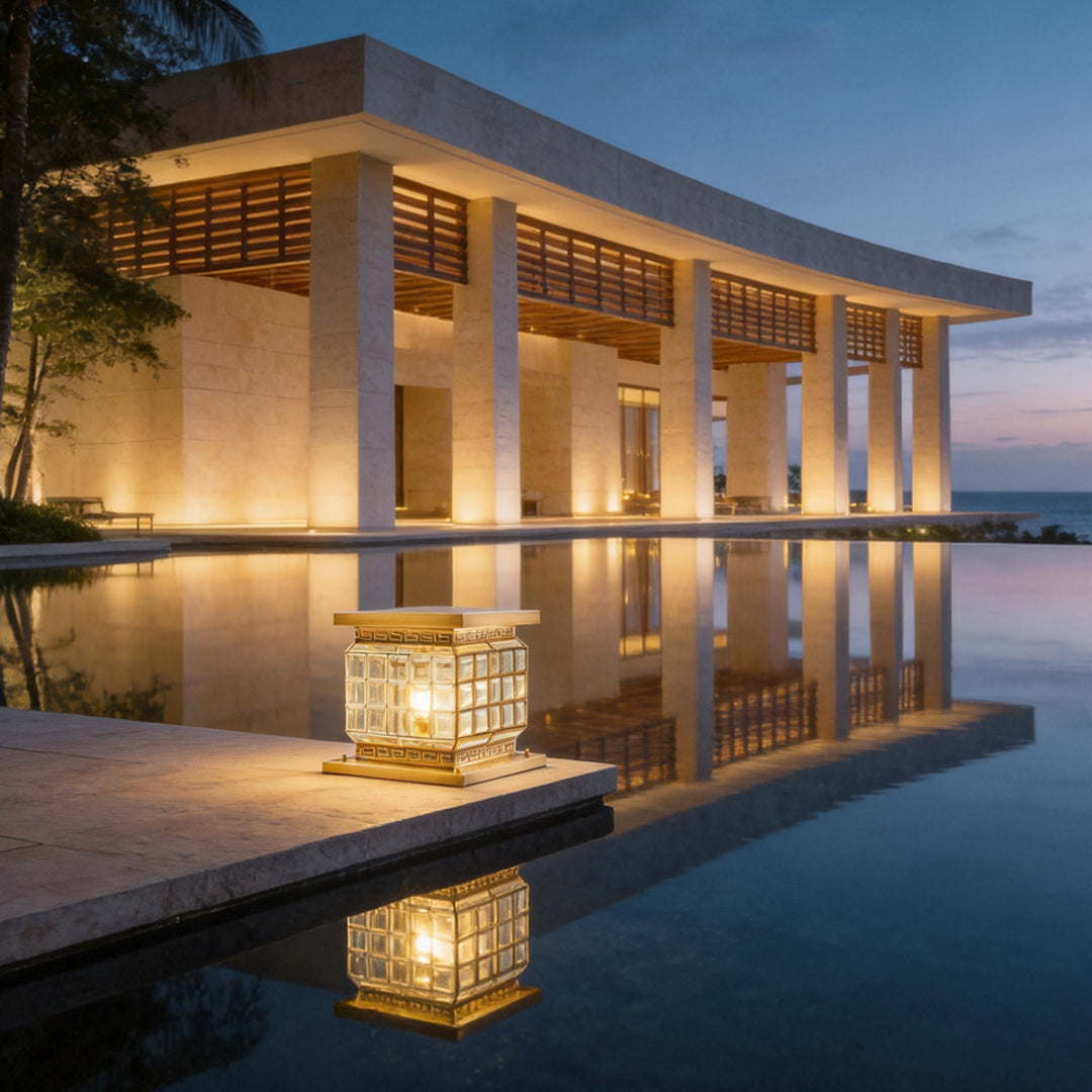 Modern outdoor pillar lights solar mounted beside luxury pool walkway with elegant evening illumination.