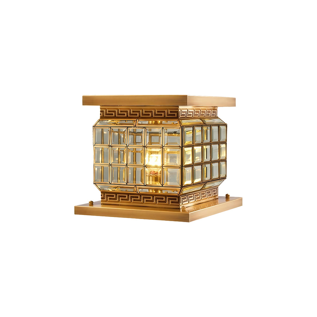 Premium outdoor pillar lights solar in polished gold finish with textured glass diffuser panels.