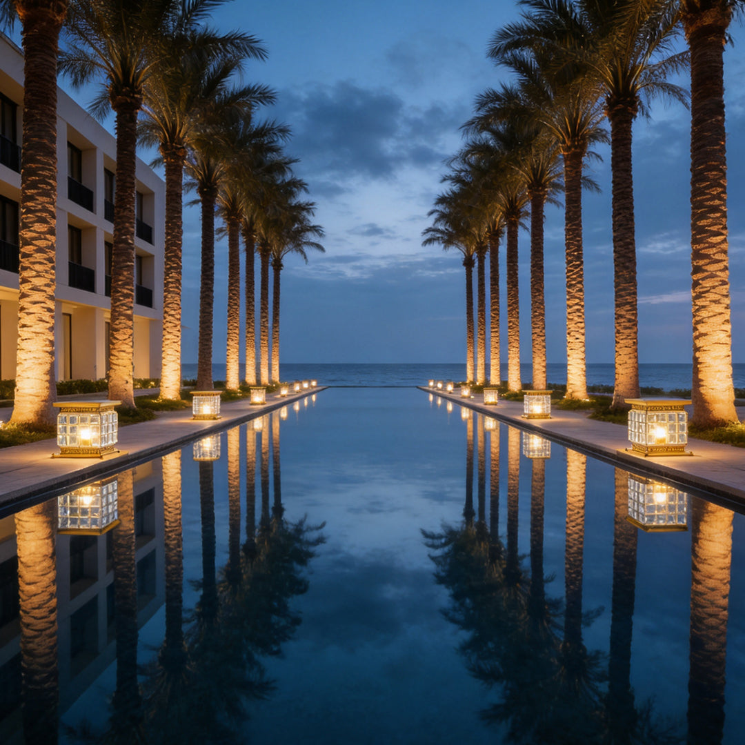 Premium outdoor pillar lights solar along resort reflecting pool with palm trees and warm glow.