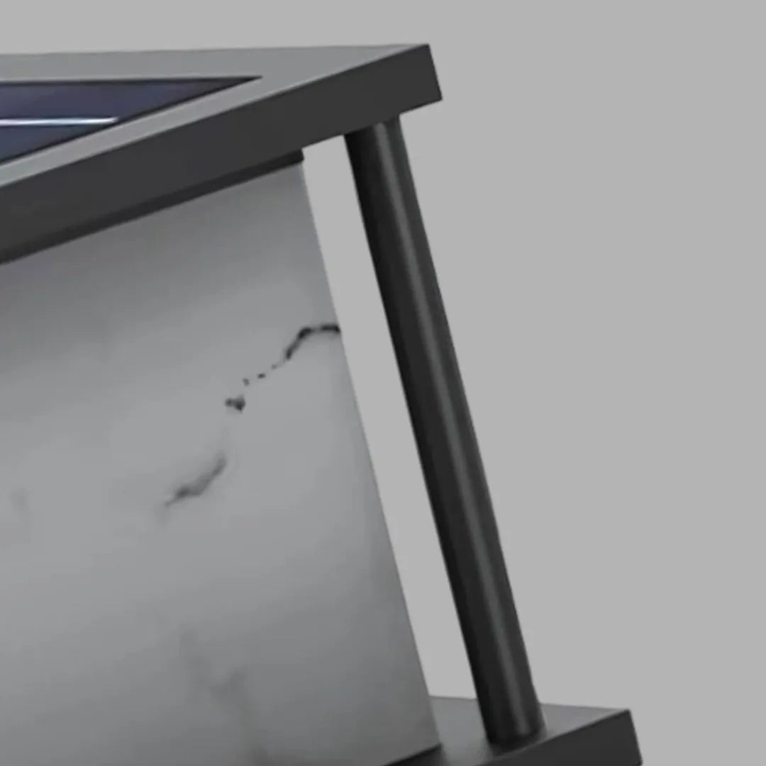Close-up of outdoor pillar solar lights showing the faux marble diffuser and black metal frame.