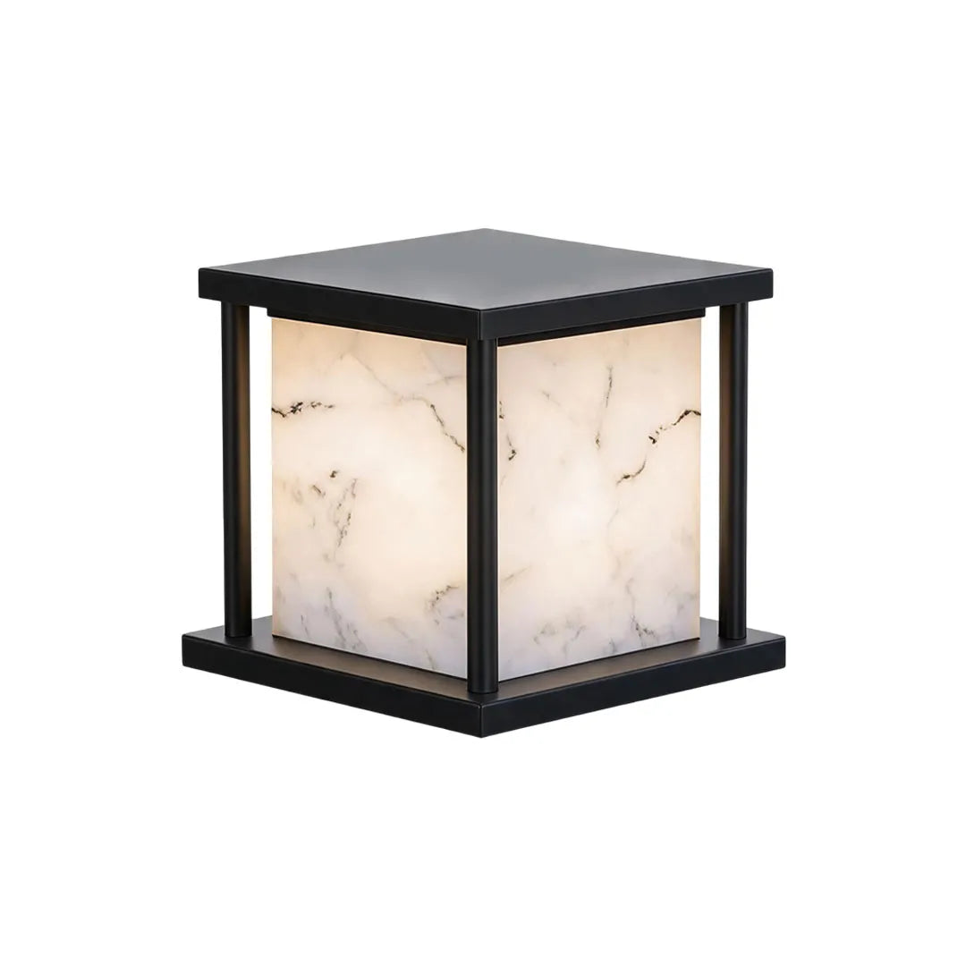 Outdoor pillar solar lights featuring a black frame with a marble-effect diffuser on a white background.
