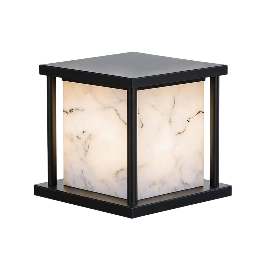 Outdoor pillar solar lights featuring a contemporary black frame and warm illuminated diffuser.