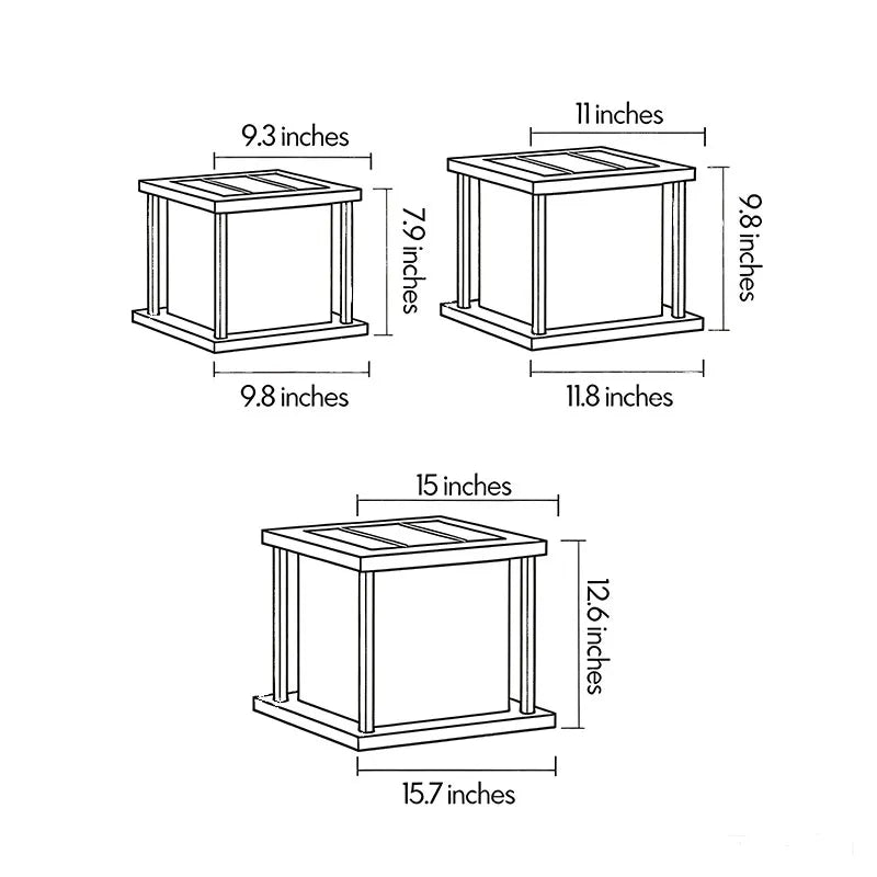 Outdoor pillar solar lights dimensions drawing showing multiple size options and fixture measurements.