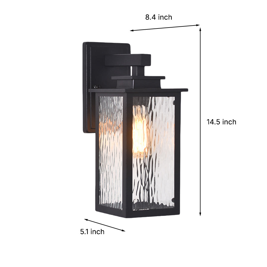 Black outdoor lantern with dimensional specifications and clear glass housing for porch lighting