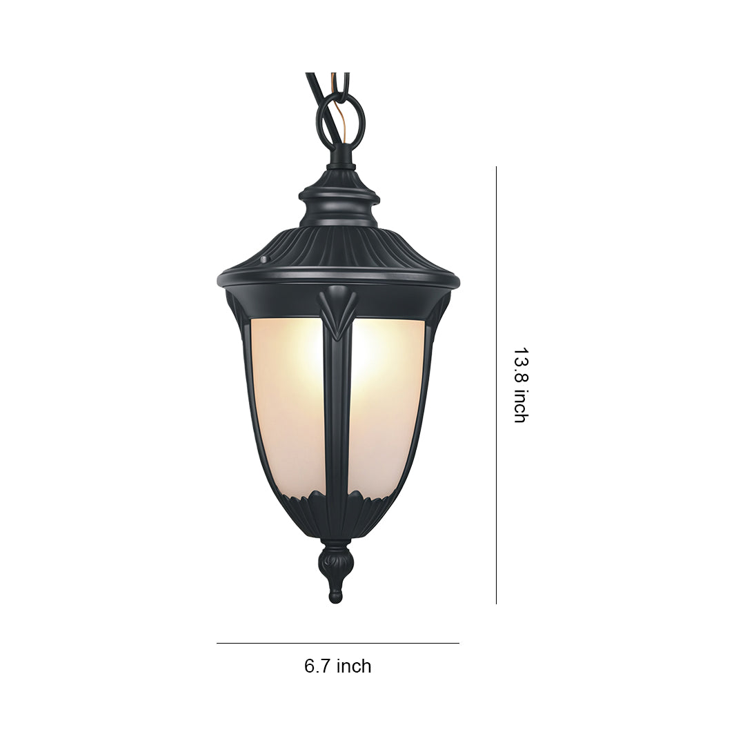 Outdoor porch pendant light dimensions and installation guide, classic vintage design illustration