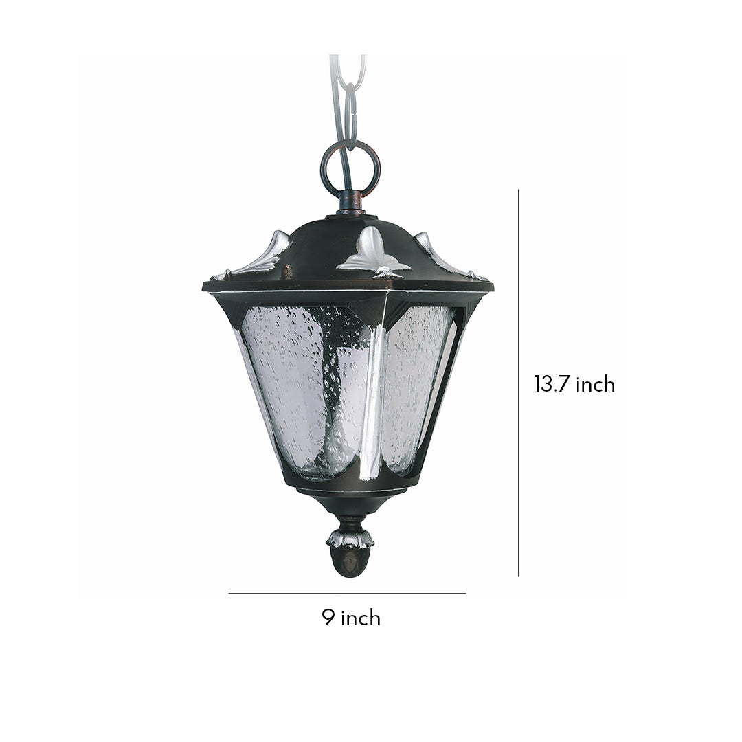 Outdoor porch pendant light with textured glass and decorative black metal finish, shown with height measurement