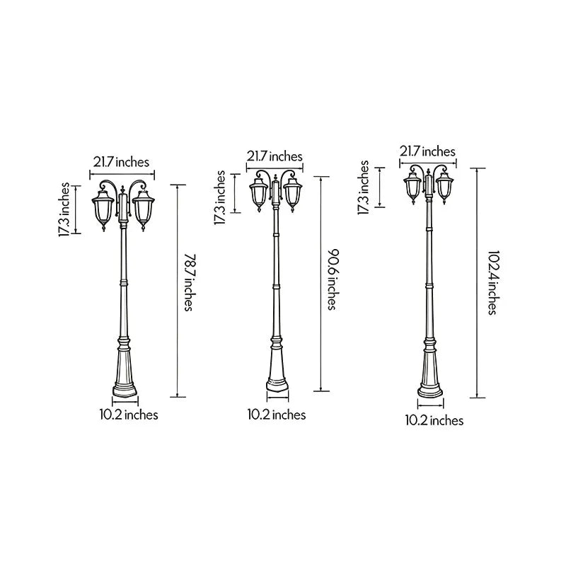 Outdoor post light fixture dimension diagram showing multiple height options and overall fixture measurements.