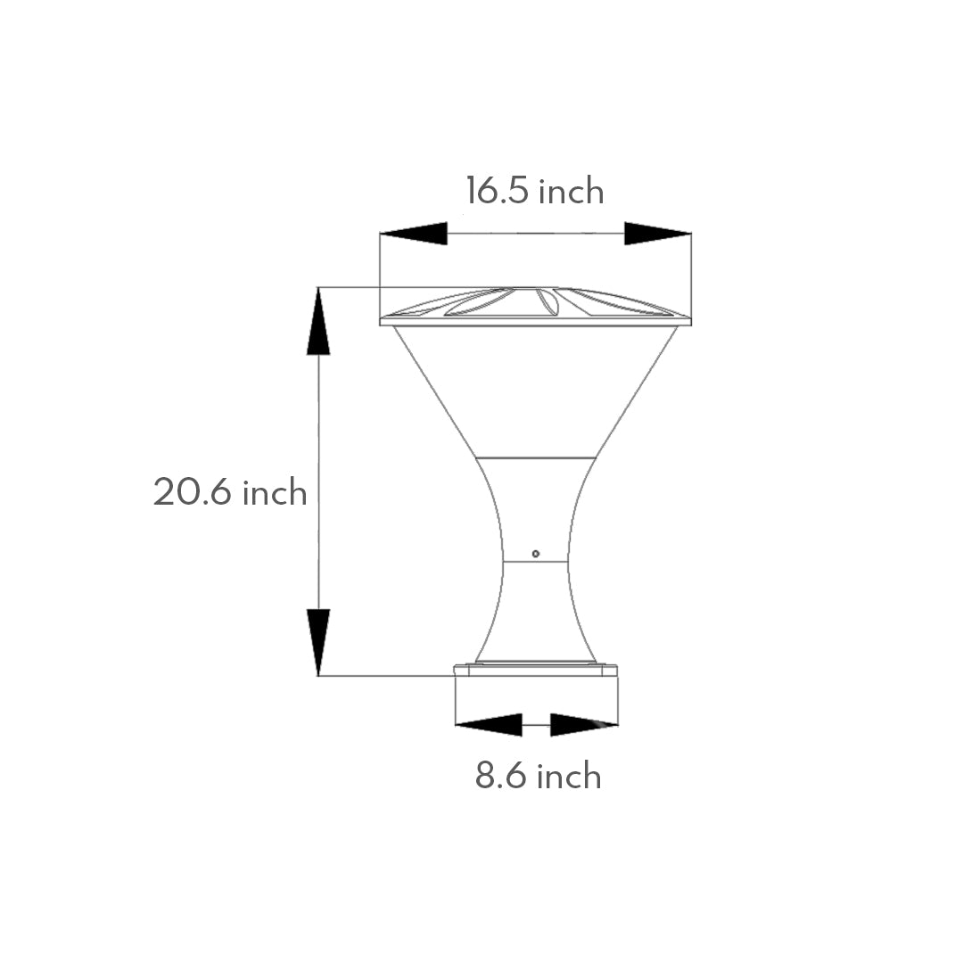 Technical specification drawing showing dimensions and measurements for outdoor post light fixture design