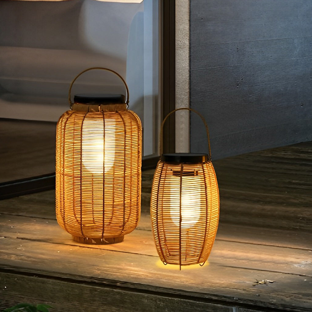 Outdoor rattan lanterns casting ambient light on wooden deck.