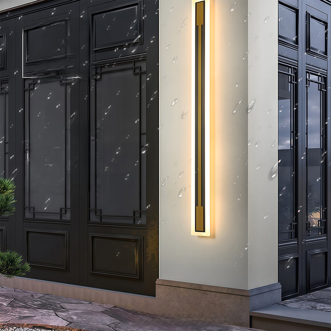 Outdoor light fixtures sconces providing ambient lighting along contemporary exterior walkway