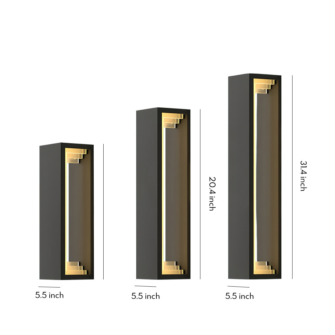 Sleek rectangular outdoor sconce modern design in black and gold finish displayed against a white background.