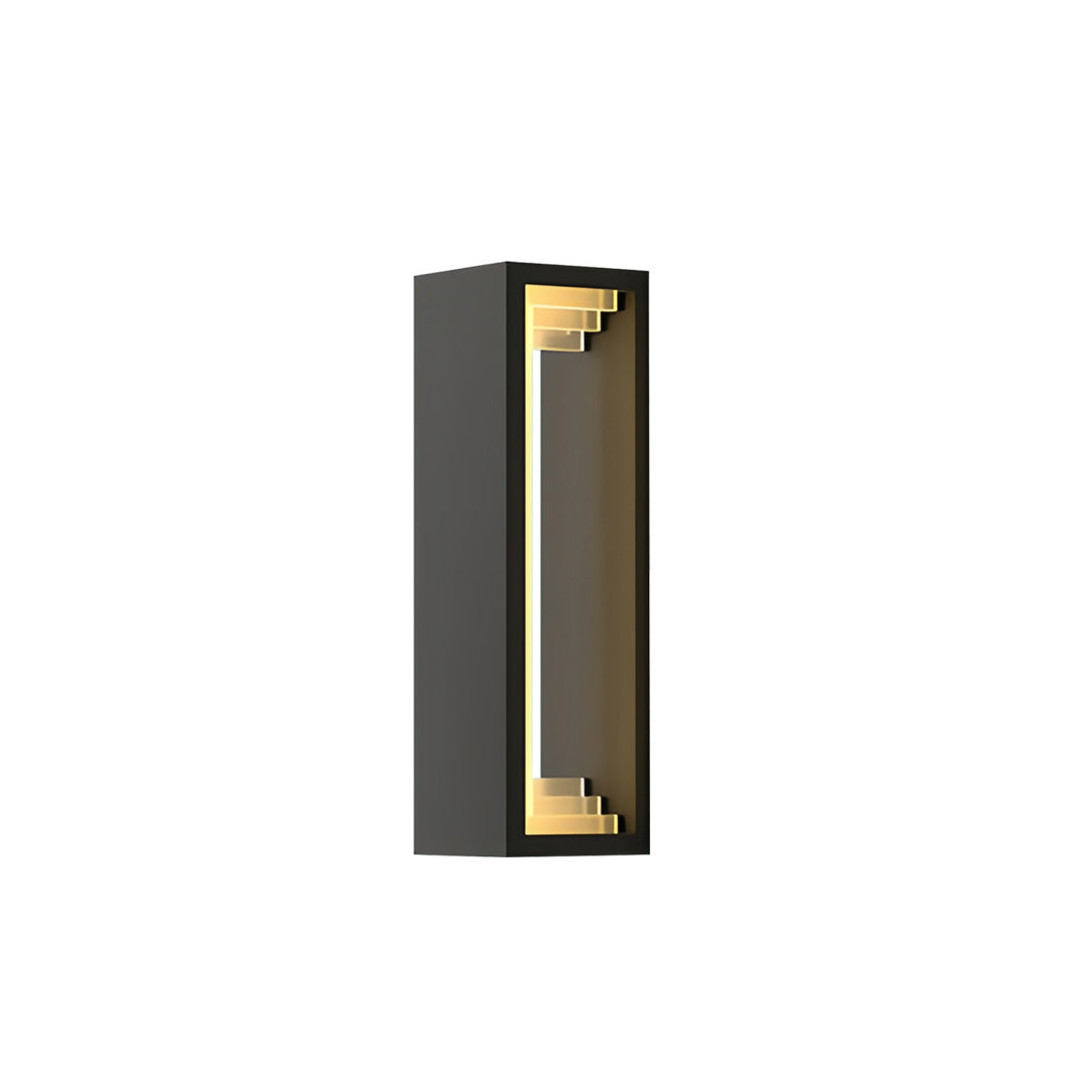 Slim outdoor sconce modern wall light featuring a tall rectangular profile with warm internal glow.