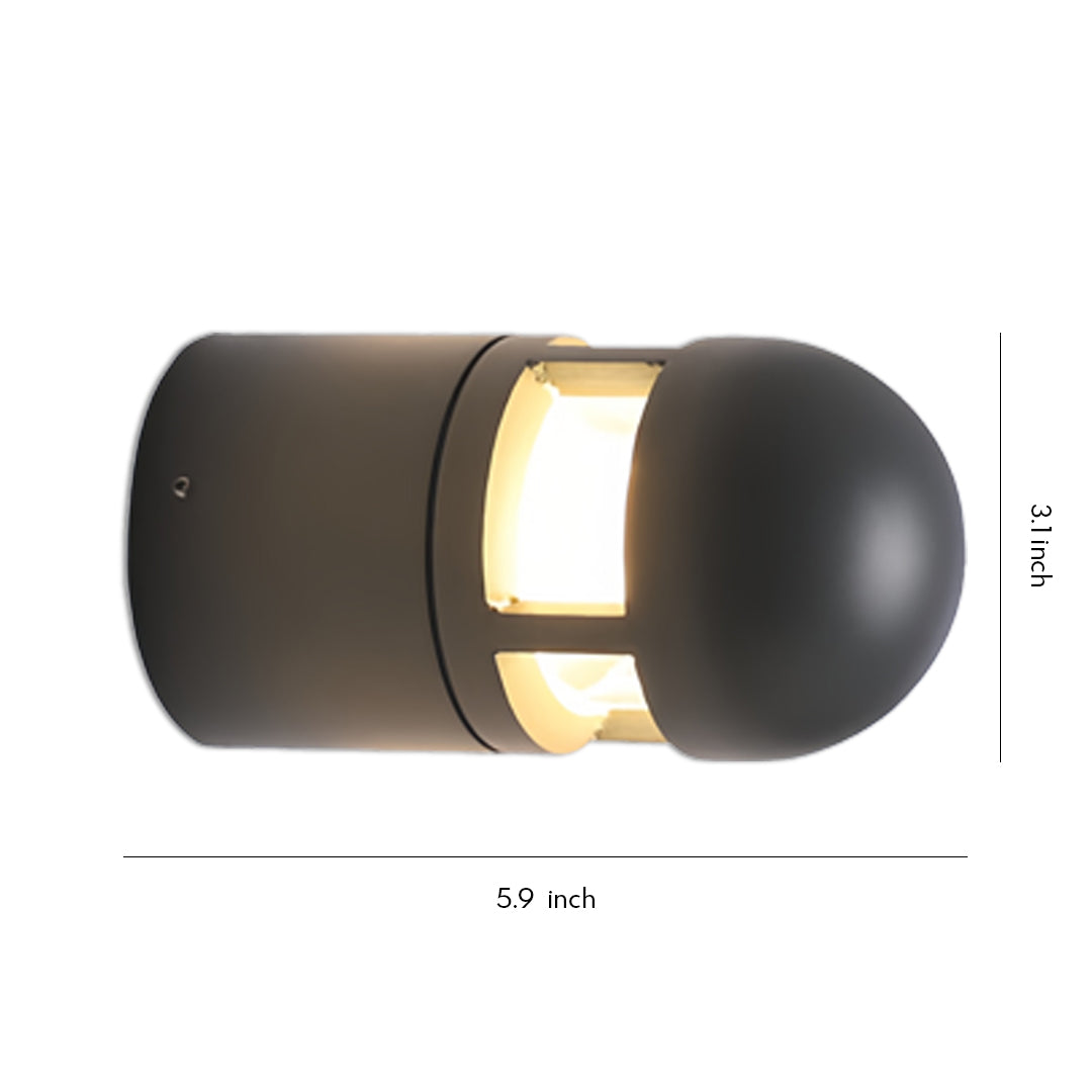 Modern black capsule-shaped outdoor sconces lights with dual glowing bands on a plain background.