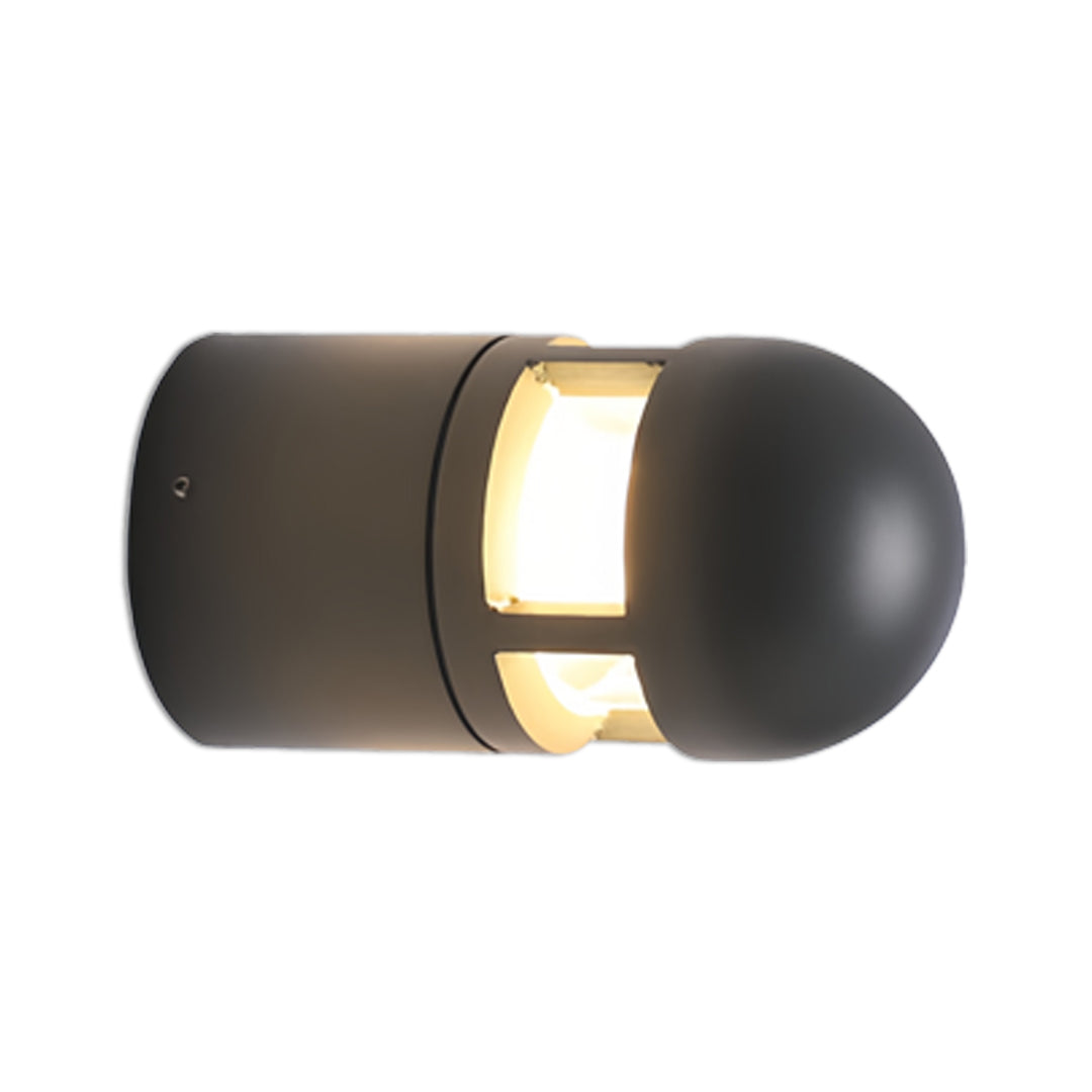 Compact horizontal black outdoor sconces lights fixture with warm illumination and curved ends.