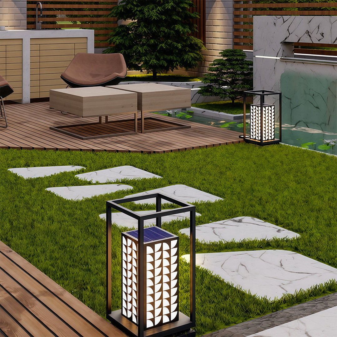 LED bollard light near an outdoor seating area, offering ambient lighting for a relaxed outdoor environment.